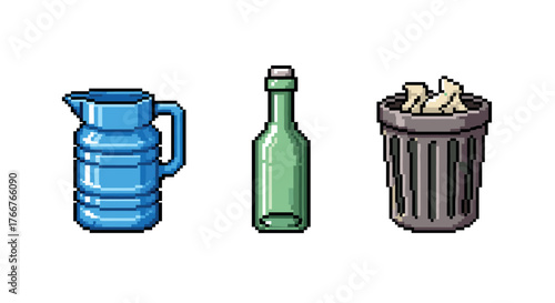 Retro pixel art of eco-friendly objects: water pitcher, glass bottle, and recycling bin