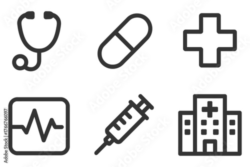 A set of medical icons including a stethoscope, syringe, and hospital building. The icons are all in black and white. Vector.