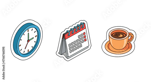 Colorful office essentials: clock, desk calendar, coffee cup stickers for creative workspaces