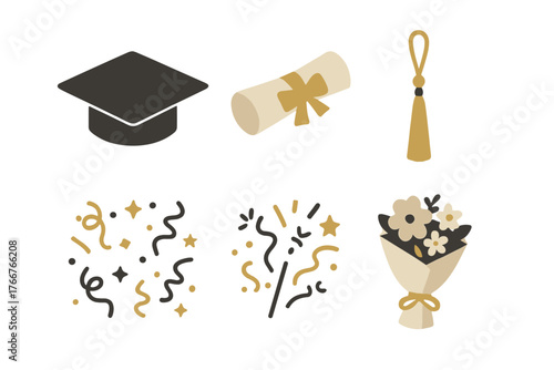 Graduation ceremony icons set featuring mortarboard diploma tassel and confetti