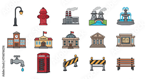 Colorful urban icons set with buildings, infrastructure, and landmarks