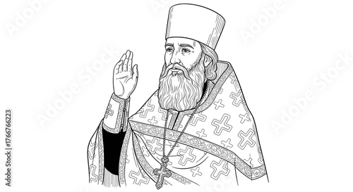 Orthodox priest blessing in black and white line drawing