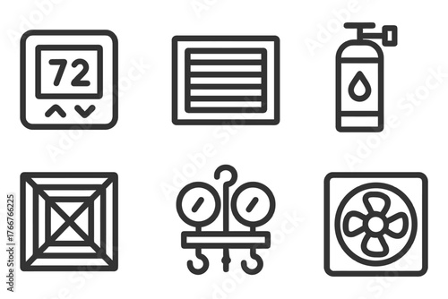 A set of icons for home appliances and tools. The icons include a thermostat, a fan, a radiator, a wrench, a hose, and a fire extinguisher. Vector.