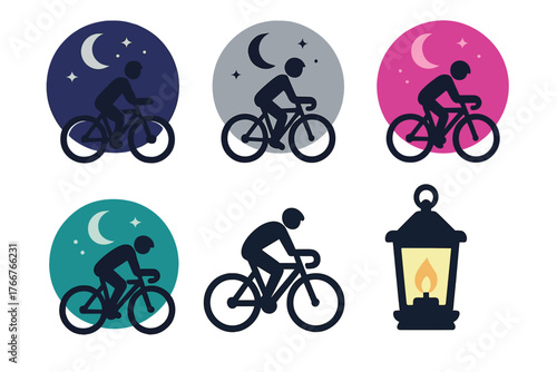 Set of cyclist icons featuring night and lantern symbols
