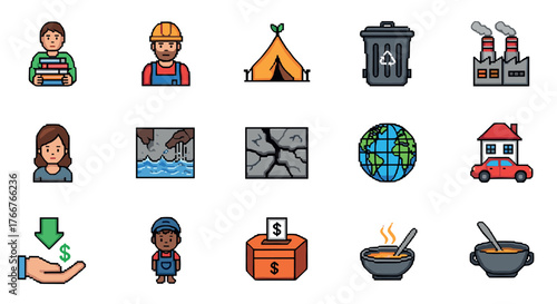 Colorful icon set featuring environment, industry, and daily life elements