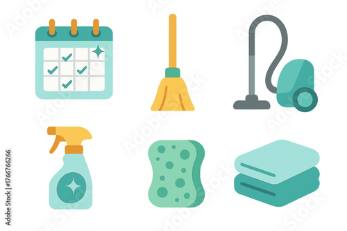 Household cleaning tools and chore schedule management icons