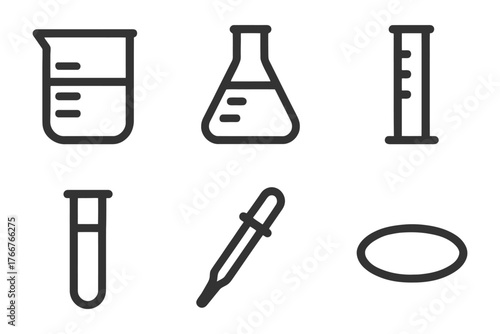 A set of scientific instruments including a beaker, a test tube, a pipette, and a graduated cylinder. Vector.