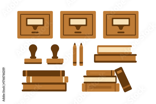 Assortment of office supplies icons including books stamps and writing tools