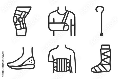 A set of six icons depicting various injuries and medical equipment. The icons include a cast, a brace, a cane, a crutch, a cast. Vector.