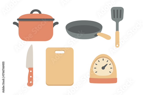 Simple icons of essential kitchen cooking utensils and food preparation equipment