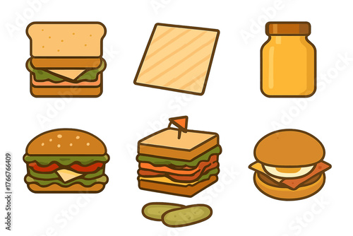 Collection of stylized food icons including sandwiches, burgers, and condiments