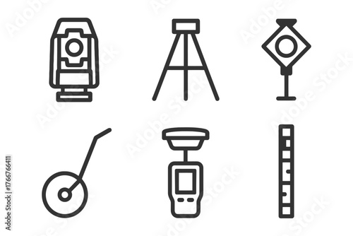 A set of six icons for surveying equipment. The icons include a wheeled device, a tripod, a laser level, a tape measure, a level. Vector.