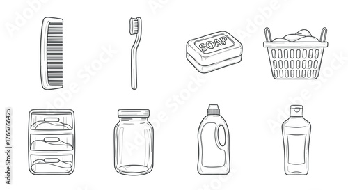 Hand drawn personal care and household items: soap, comb, toothbrush, laundry basket, and more