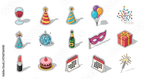 Festive celebration icons with party hats, balloons, and more