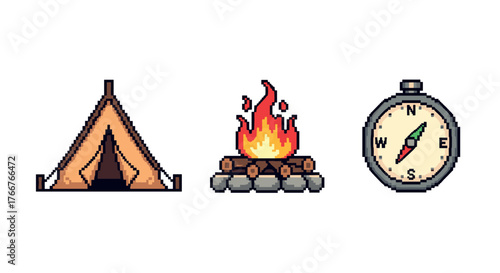 Retro camping icons with tent, campfire, and compass in pixel art style