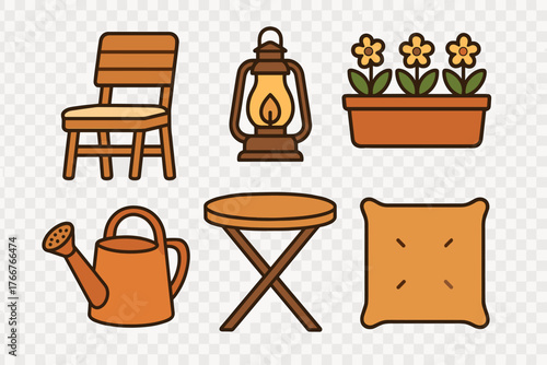 Rustic outdoor and gardening equipment icons in warm earthy tones