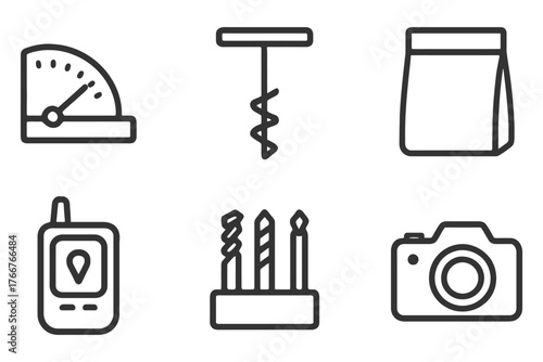 A set of icons for various items, including a cell phone, a camera, a scale, a bag, and a bottle opener. Vector.