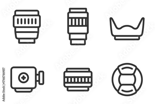 A camera lens is shown in a series of six different shapes. The shapes are all different sizes and are all drawn in black. Vector.