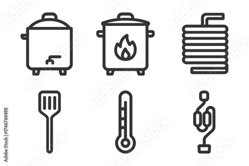 A set of kitchen utensils and appliances, including a spatula, a pot, a pan, a thermometer, and a kettle. Vector.