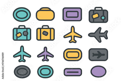 Vibrant set of travel and baggage symbols for aviation and journey themes