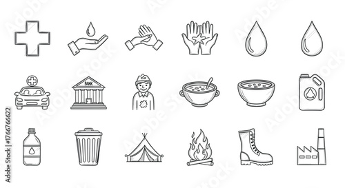Hand-drawn emergency and survival icons for disaster preparedness