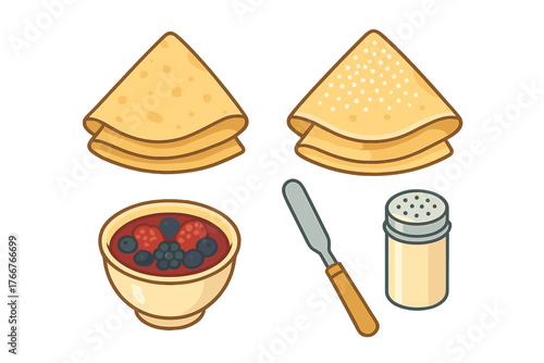 Folded crepes with berry jam and sugar shaker set