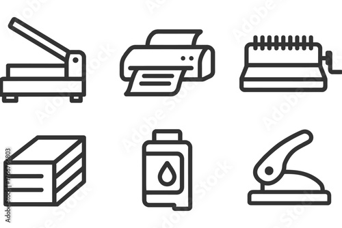 A set of six different office supplies, including a printer, a stapler, and a hole punch. Vector.