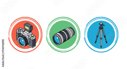 Photographic equipment icons: camera, lens, and tripod in isometric design