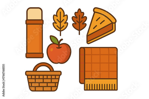 Set of autumn harvest icons featuring thermos and seasonal food items