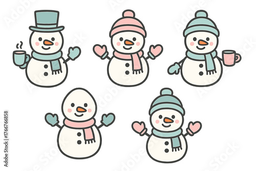 Collection of cute cartoon snowmen icons wearing winter hats and scarves