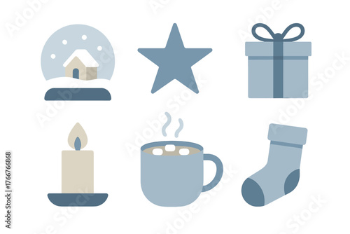 Cozy winter holiday icons featuring snow globe and hot chocolate