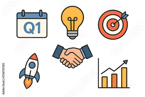 Business startup planning and success icons for goal achievement