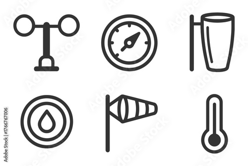 A set of weather icons including a thermometer, wind vane, and rain gauge. The icons are all in black and white. Vector.