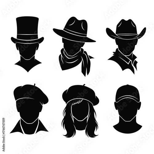 Vector illustration of collection of silhouette headwear and faces