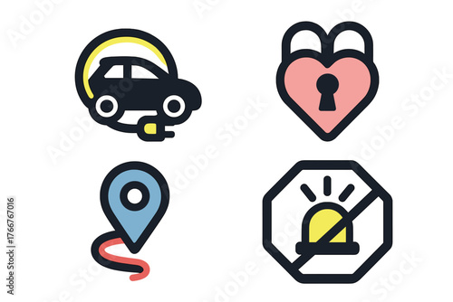 Four colorful icons for electric vehicle charging security navigation and alert systems