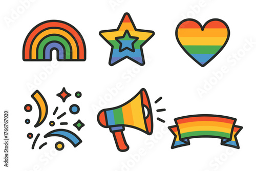 Pride celebration icons set featuring rainbow colors and confetti elements