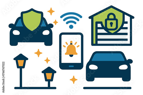 Modern security system icons for smart home and vehicle protection