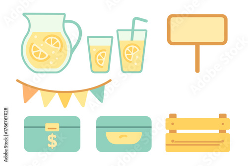 Lemonade stand supplies set featuring cash box and promotional sign