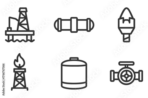 A series of icons for oil and gas industry. The icons include a ship, a rig, a tank, a pipe, and a valve. Vector.