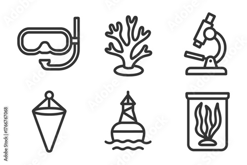 A set of six black and white icons for underwater exploration, including a snorkel, a diving mask, a fish, a coral, a boat, and a microscope. Vector.