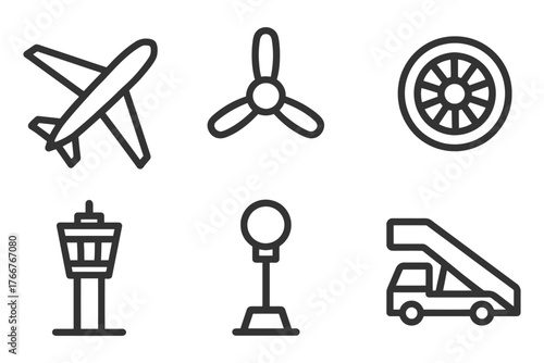 A series of black and white icons representing various modes of transportation. The icons include an airplane, a car, a truck, a train. Vector.