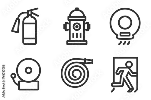 A series of black and white icons for fire safety equipment. The icons include a fire hydrant, fire extinguisher, and a fire alarm. Vector.