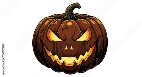 Spooky Halloween jack-o'-lantern illustration with a scary glowing face, ideal for festive seasonal designs and creepy holiday decorations, capturing the essence of the autumn celebration