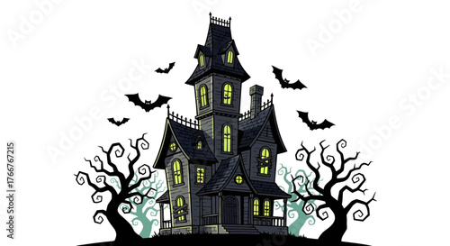 Mysterious Victorian haunted house with glowing windows, surrounded by spooky bare trees and flying bats