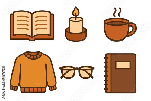 Set of warm color icons for cozy autumn reading and relaxation activities