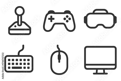 A set of gaming icons including a joystick, a game controller, a keyboard, a mouse, a computer monitor, and a virtual reality headset. Vector.