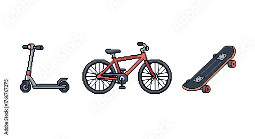 Pixel art transportation: scooter, bicycle, and skateboard