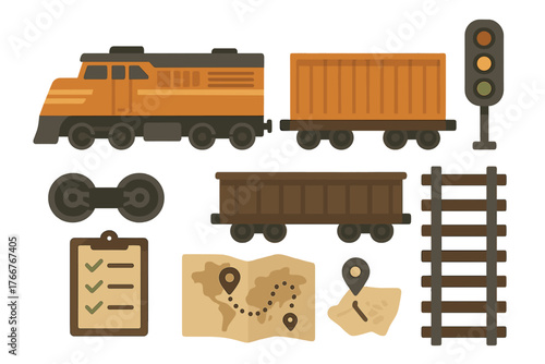 Detailed set of freight train parts and logistics management symbols
