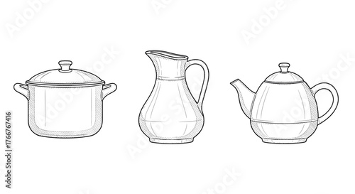 Hand-drawn kitchenware: pot, jug, and teapot in classic style