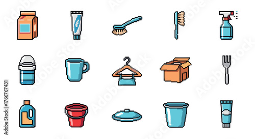 Pixel art household items set: everyday essentials in retro style